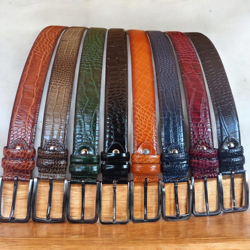 Crocodile Pattern Leather Men's Belt: Navy Blue, Burgundy, Black, Tan ...