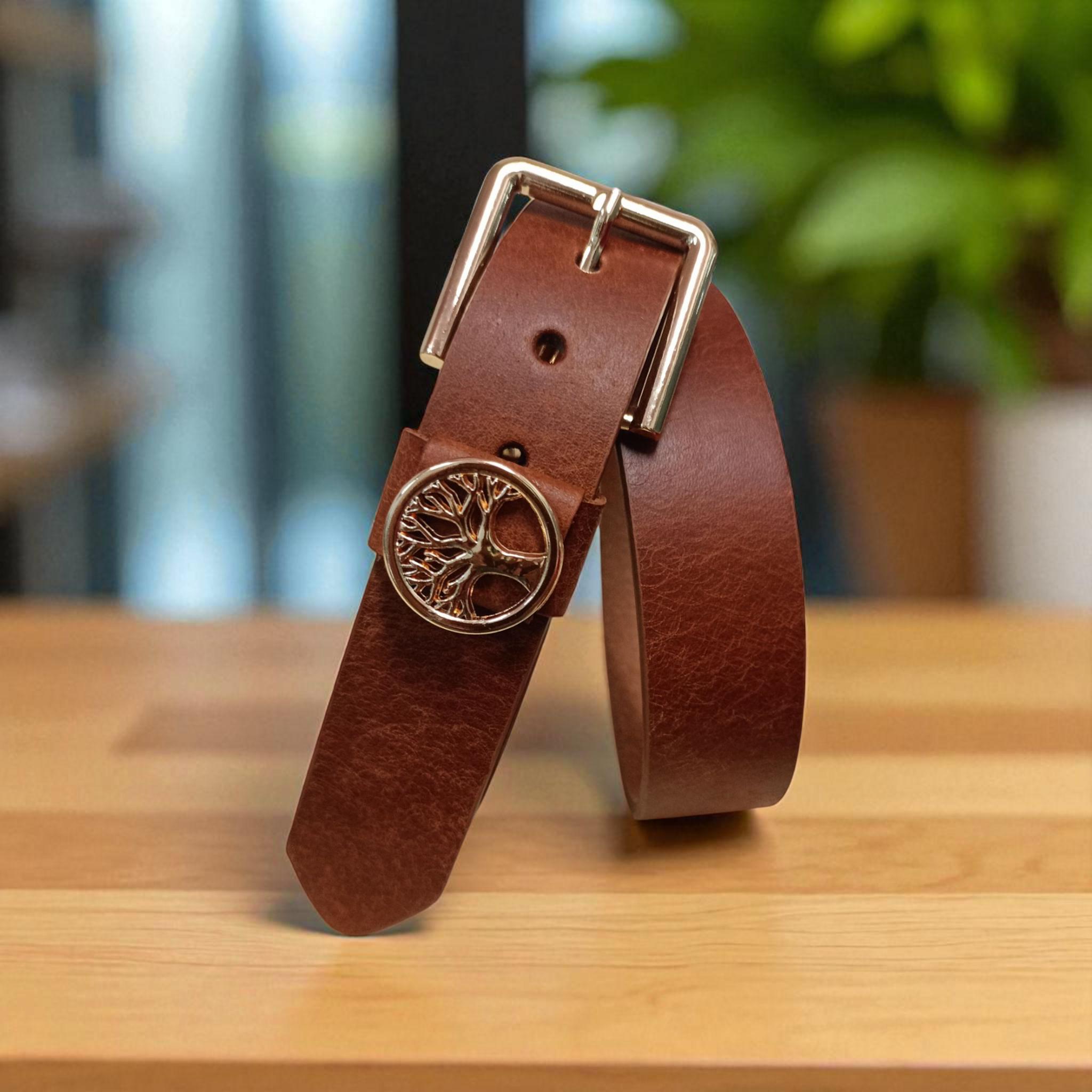 Handmade Tree of Life Leather Belt: Tan & Gold Buckle  display picture 1