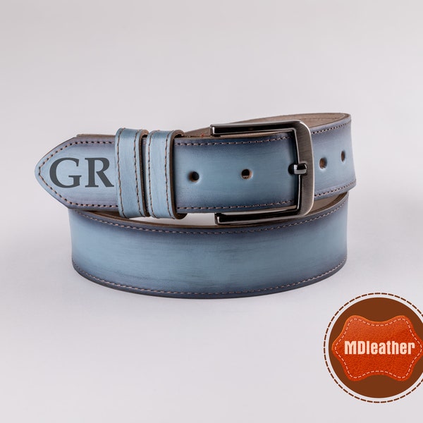 Custom Handmade Belt - Anniversary Gift -light blue belt  - Engraved Leather Belt -Grooms Men Gift- Genuine Leather - Gift for Boyfriend