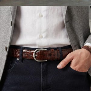 Brown Snake Embossed Leather Belt, Men's Snake Print Leather Belt, Python Pattern Belt, Casual Leather Belt with Silver Buckle, Gift for Him