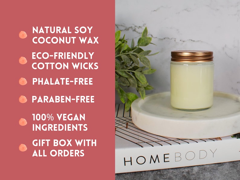 May include: A white candle in a clear glass jar with a copper lid, sitting on a white marble coaster. The candle is made with natural soy and coconut wax, eco-friendly cotton wicks, and is phthalate and paraben-free. The candle is 100% vegan and comes in a gift box.