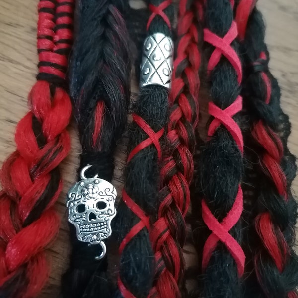 Goth BLACK and RED Hair Extensions - Red Braids Dreads - Red Clip-in Dreadlocks - Ponytail - Festival Red Dreadlocks Gothic Black Dreads