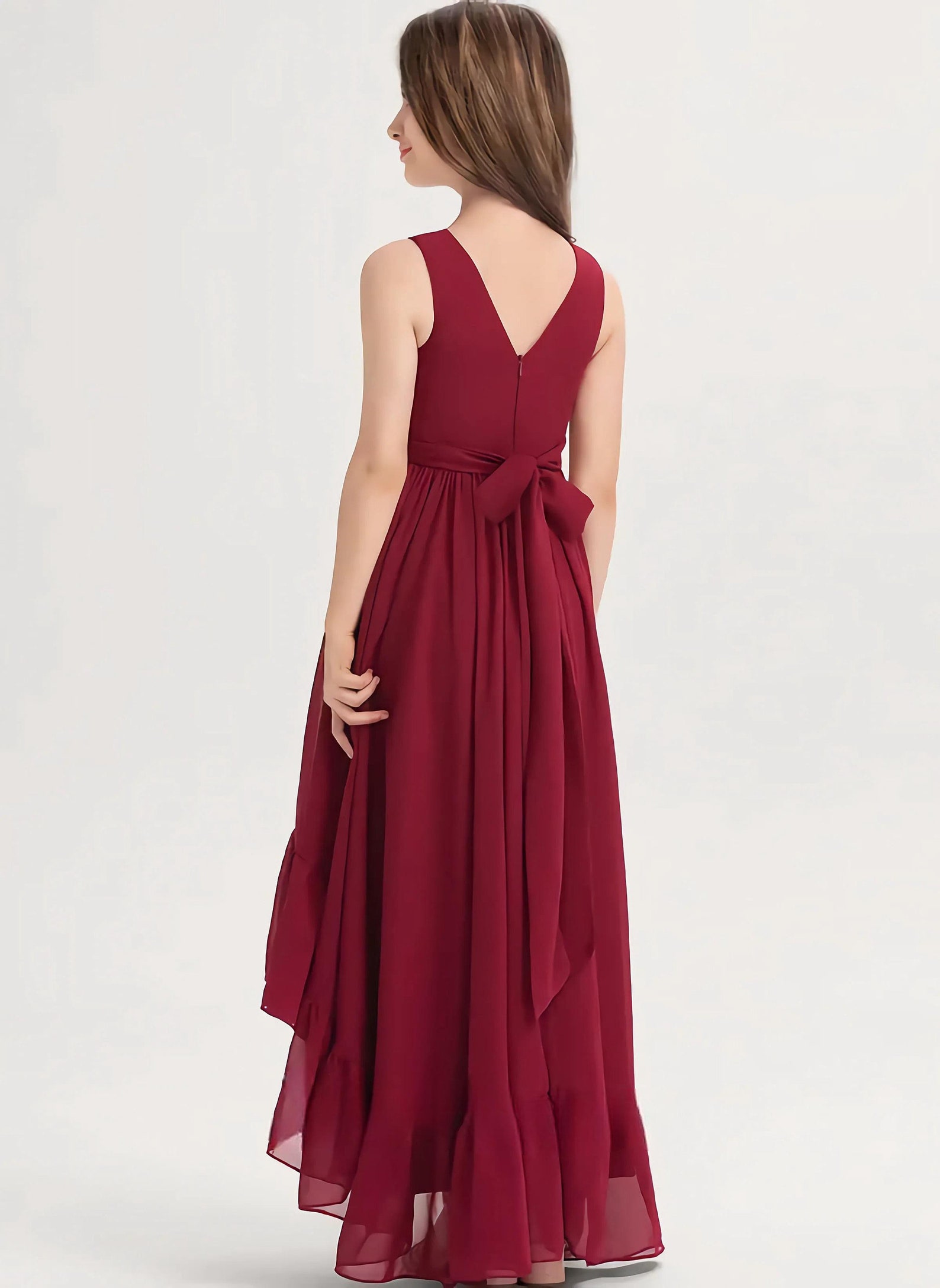 Burgundy Junior Bridesmaid Dress With Pleatedaline Vneck Etsy