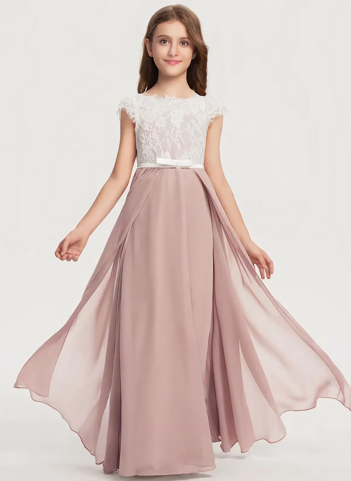Dusty Rose Junior Bridesmaid Dress With Bowaline Scoop Floorlength