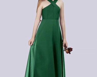 Dark Green Junior Bridesmaid Dress，Crisscross Halter Chiffon Flower Girl Dress，Girl Wedding Dress，Girl Birthday Dress