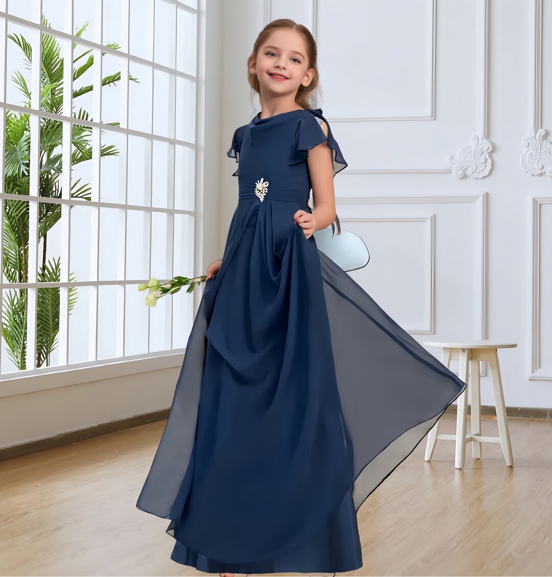Navy Blue Junior Bridesmaid Dress With Rhinestonealine Scoop Etsy