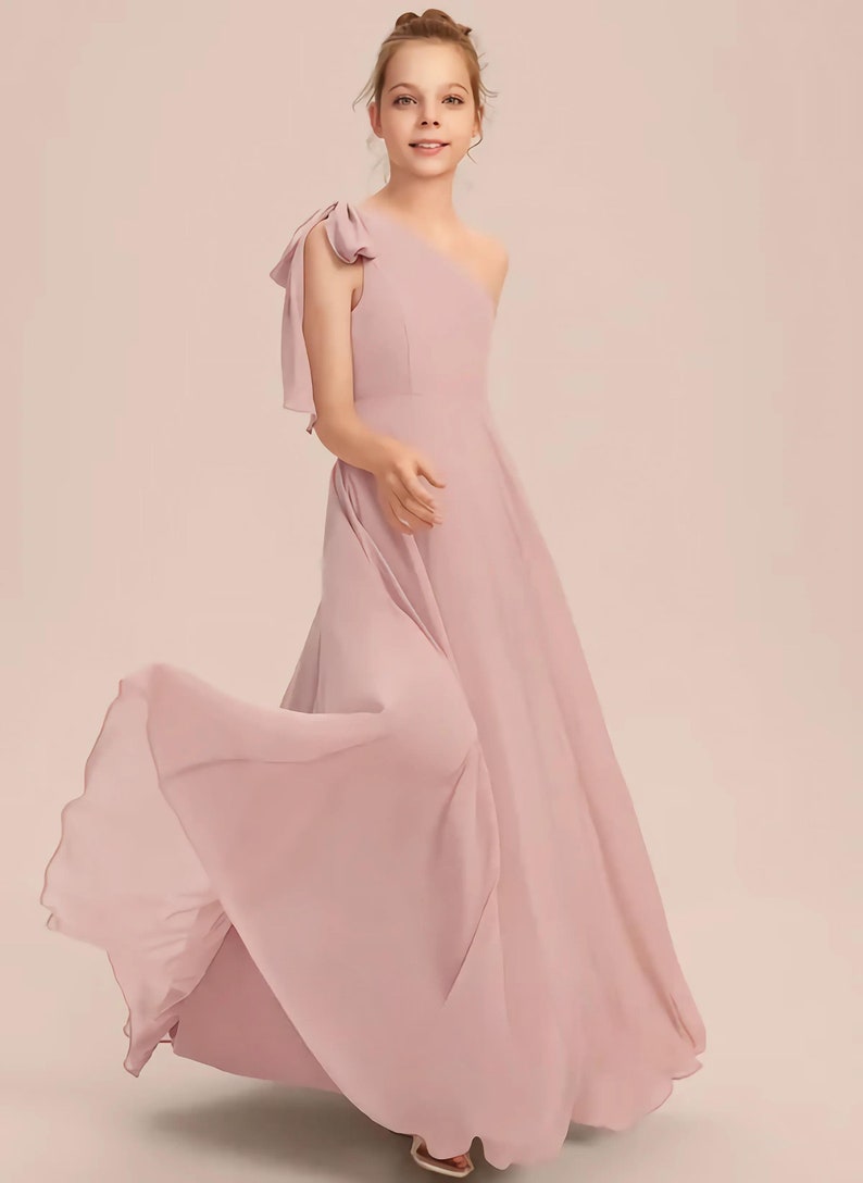 Dusty Rose Junior Bridesmaid Dress With Bowaline One Shoulder Floor