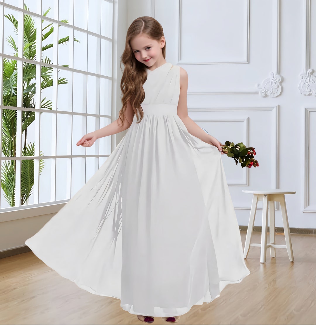 White Junior Bridesmaid Dressaline One Shoulder Floorlength Etsy