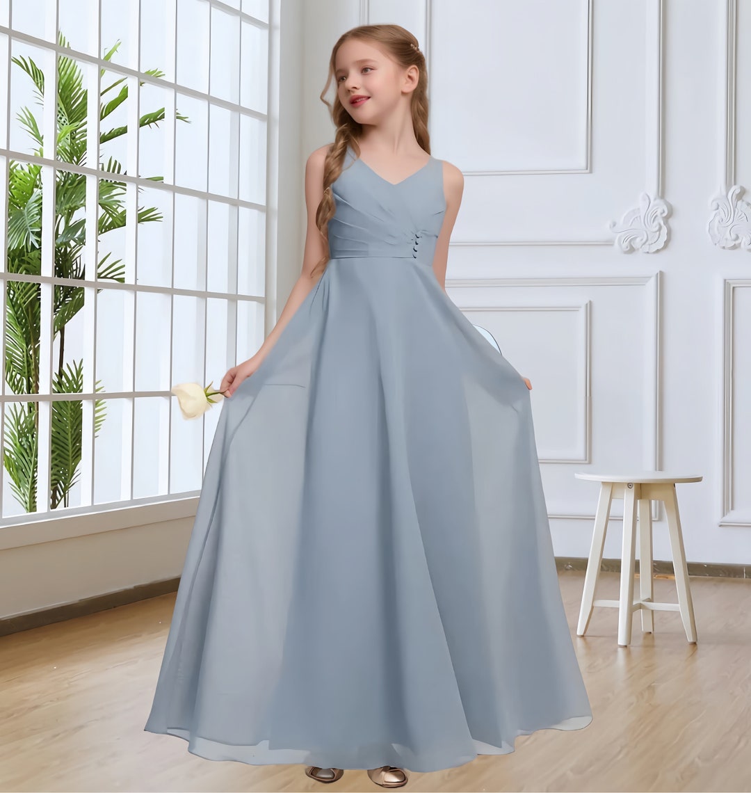 V-Neck Belted Long Chiffon Junior Bridesmaid Gown Dusty Blue