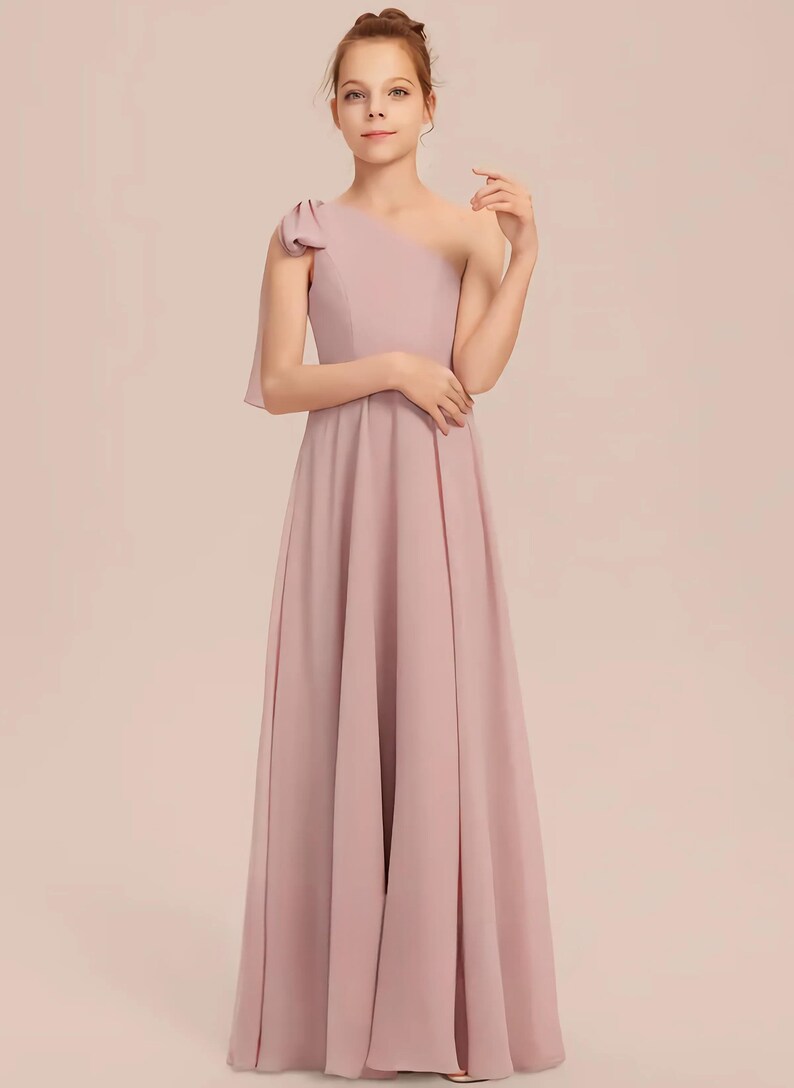 Dusty Rose Junior Bridesmaid Dress With Bowaline One Shoulder Floor