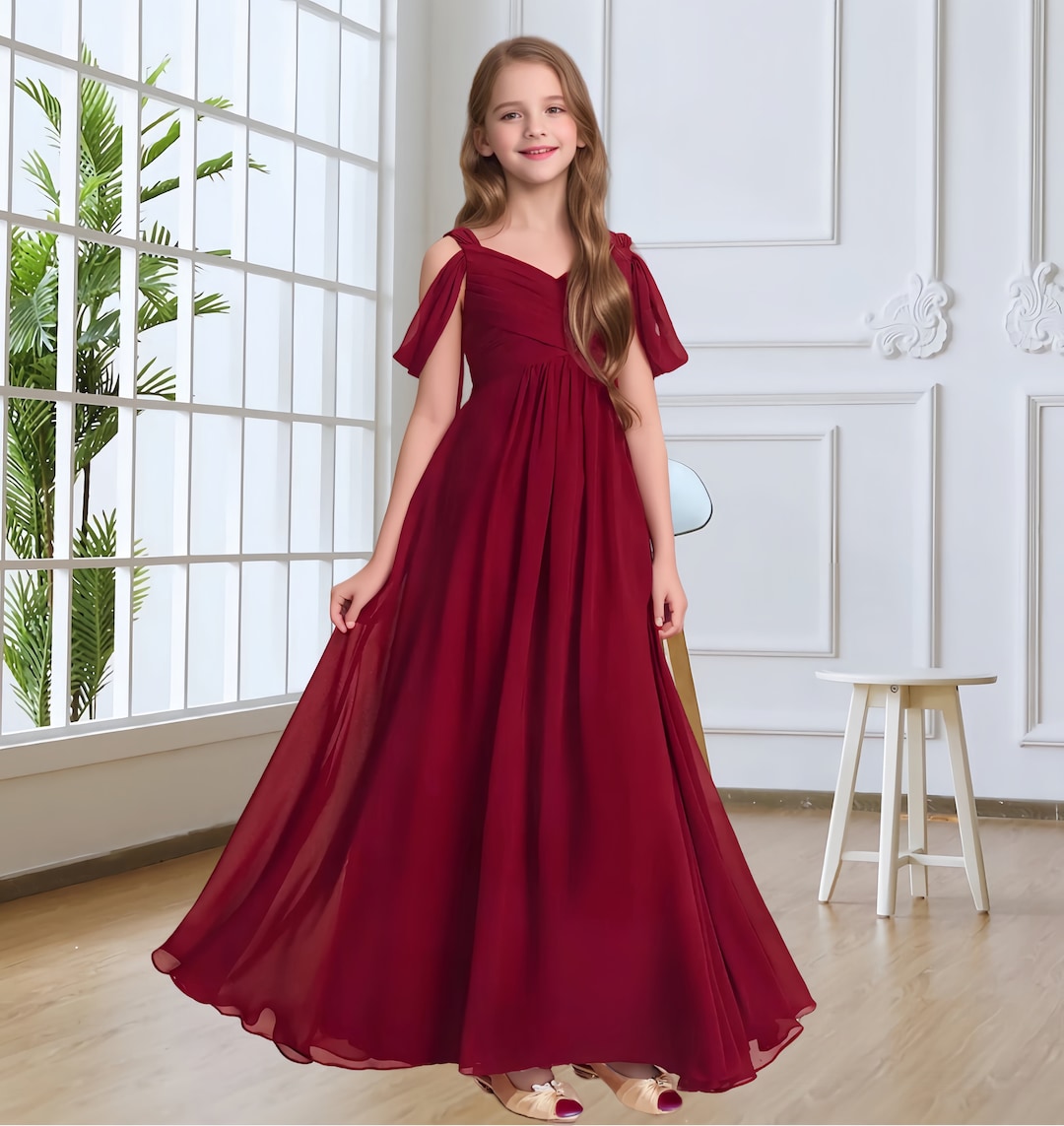 Burgundy Junior Bridesmaid Dressaline Cold Shoulder Floorlength Chiffon Flower Girl Dressgirl