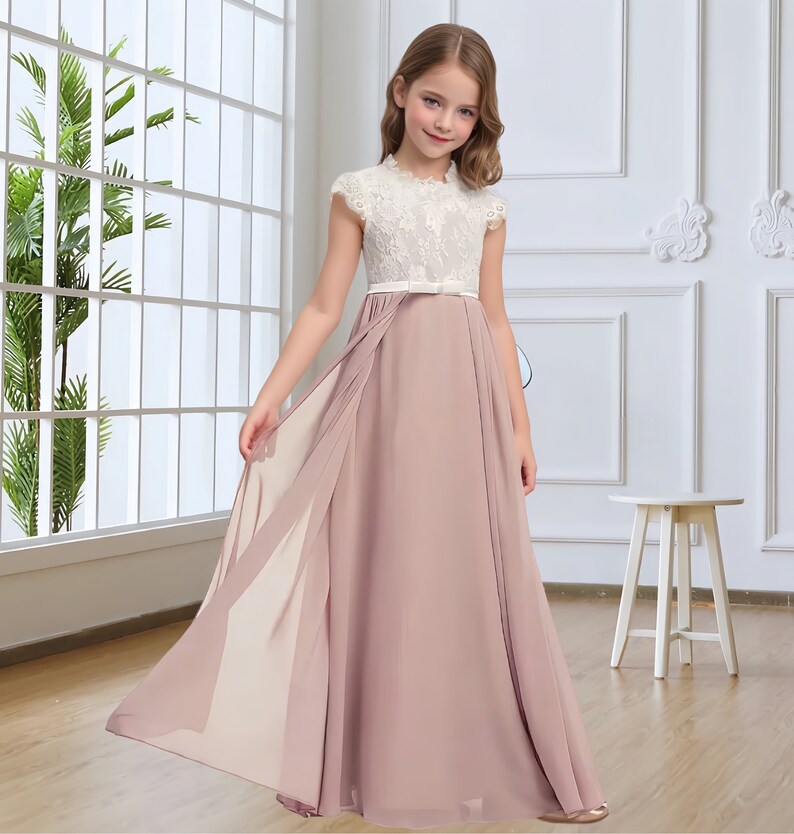 Dusty Rose Junior Bridesmaid Dress With Bowaline Scoop Floorlength