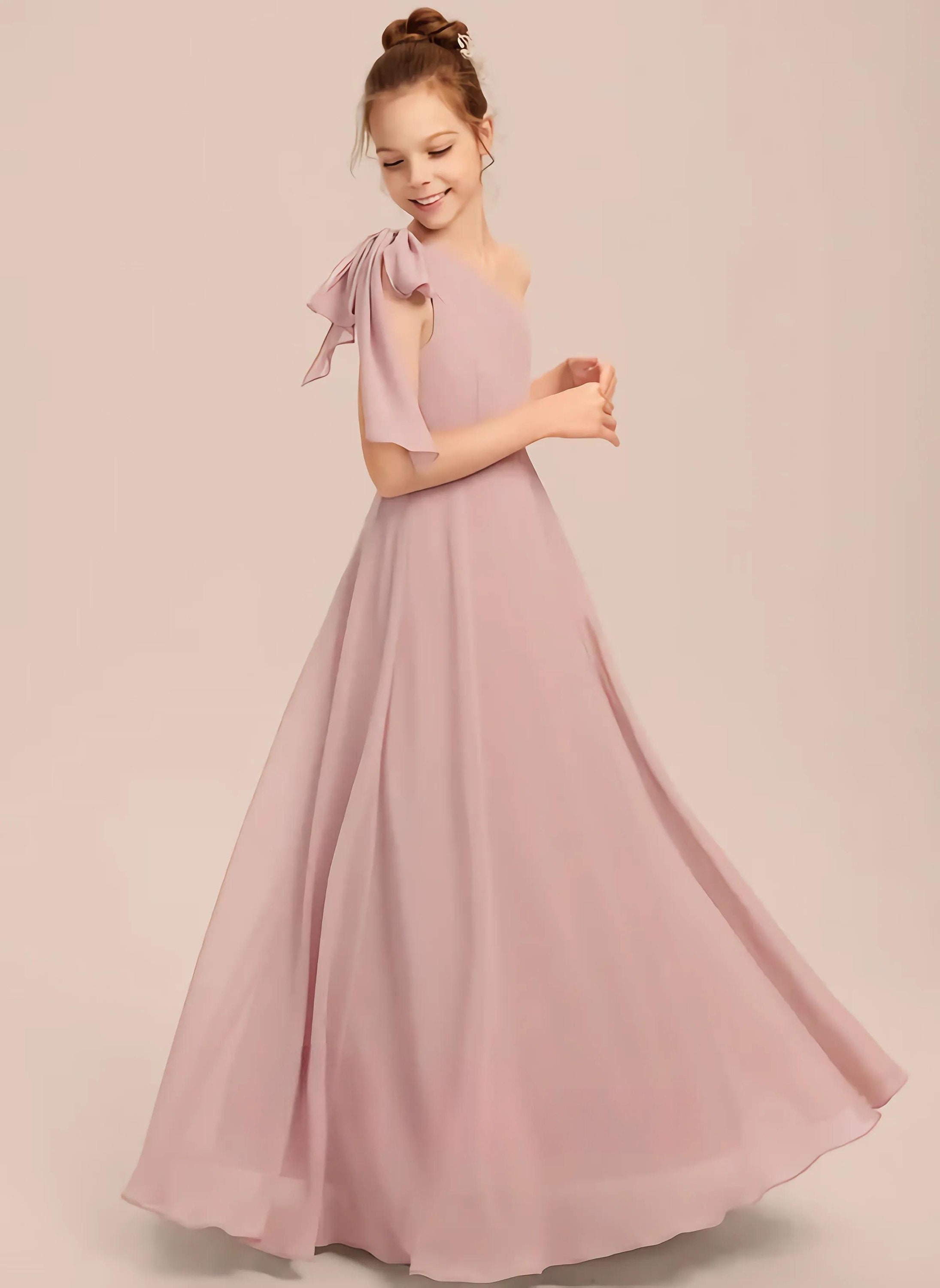 Dusty Rose Junior Bridesmaid Dress With Bowaline One Shoulder Floor