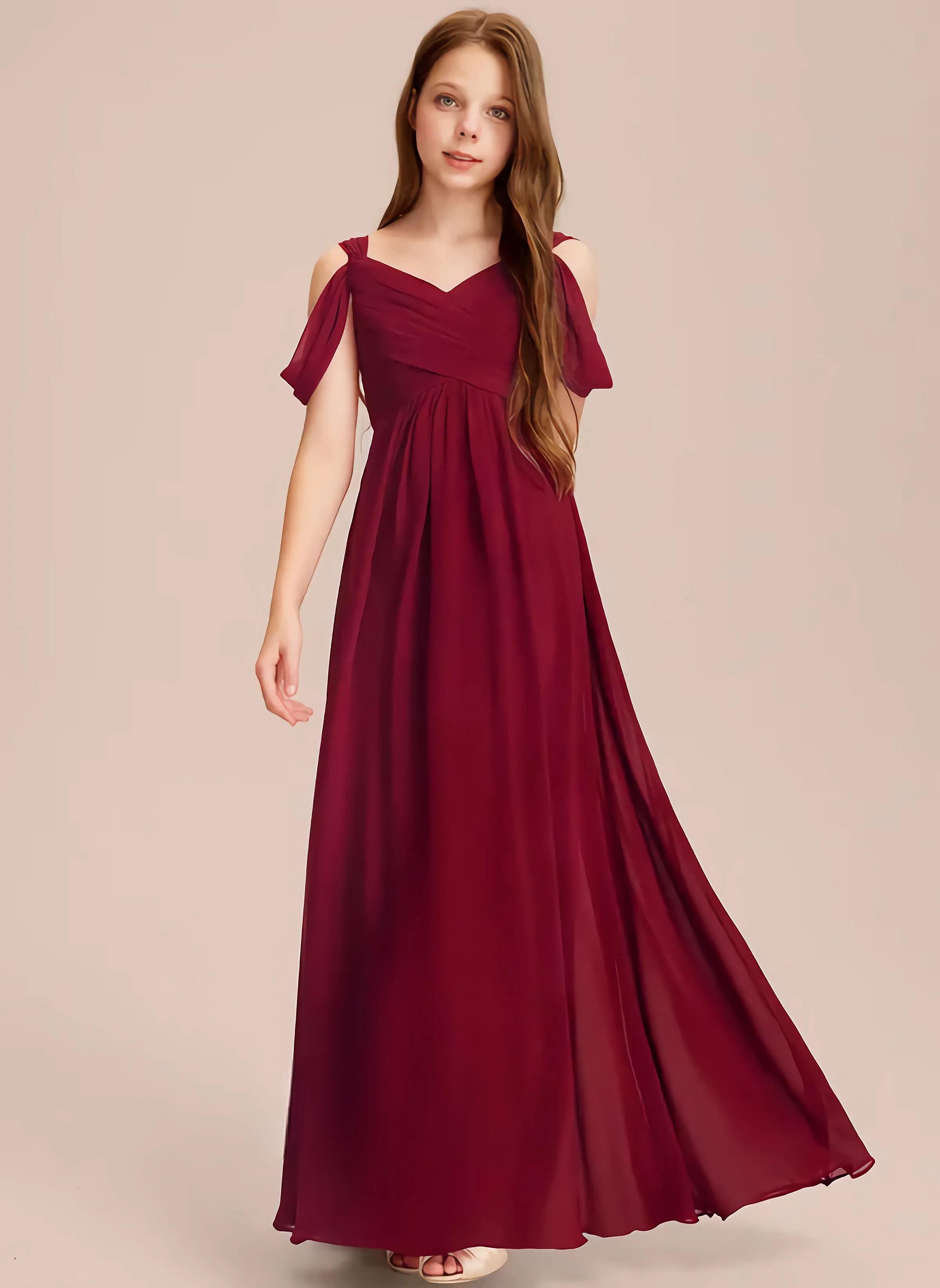 Off-the-Shoulder Long Dresses for Junior Bridesmaids Burgundy Off-the-Shoulder Long Dresses for Junior Bridesmaids Burgundy