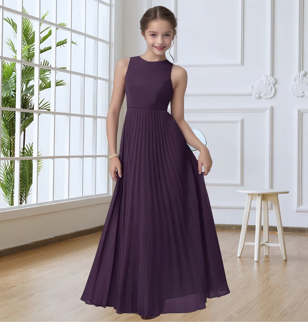 Plum Junior Bridesmaid Dressaline Pleated Chiffon Floorlength Flower