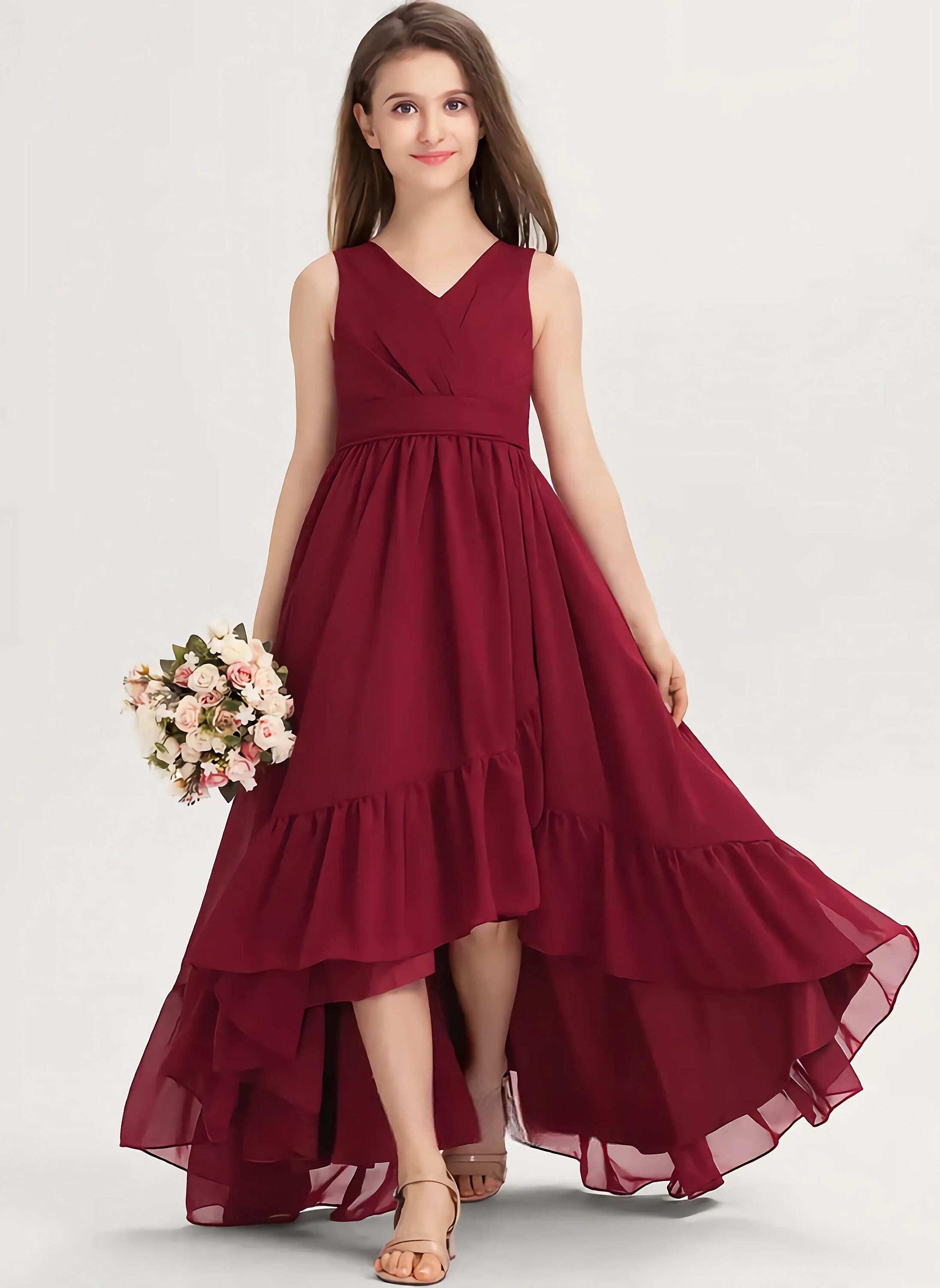 Burgundy Junior Bridesmaid Dress With Pleateda-line V-neck - Etsy