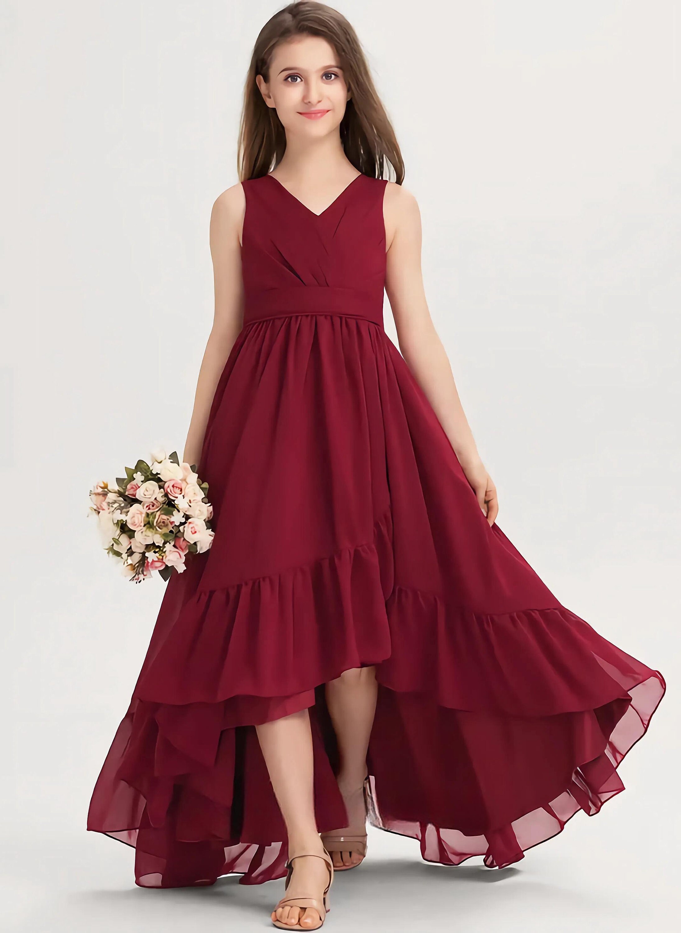 Burgundy Junior Bridesmaid Dress With Pleatedaline Vneck Etsy