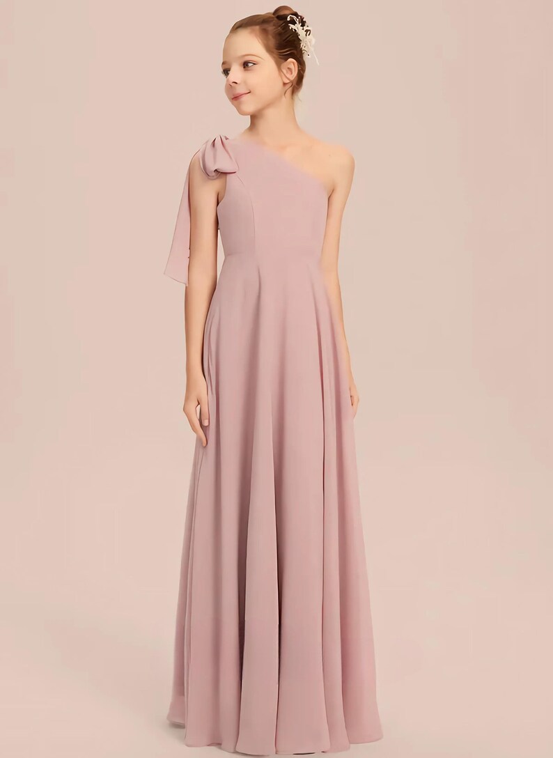 Dusty Rose Junior Bridesmaid Dress With Bowaline One Shoulder Floor