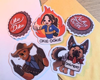 Pegatinas inspiradas en Fallout: okie dokie, ghoul, dog, nuka cola, vault 33, videojuego, serie de televisión