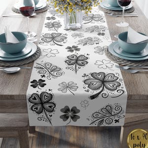 St Patricks Day Table Runner Black White Doodle Clovers Lucky Shamrock Irish Dining Room Decor Saint Paddys Day Holiday Accent