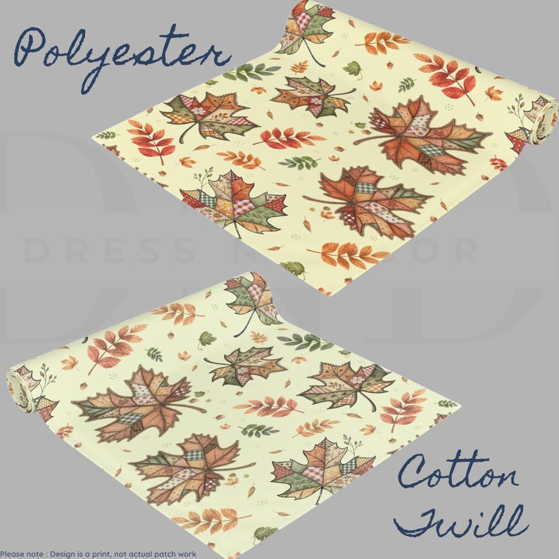 May include: Two rolls of fabric featuring a cream background with a repeating pattern of autumn leaves in shades of orange, red, green, and brown. The text Polyester is near the top roll, and Cotton Twill is near the bottom roll of fabric.