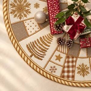 May include: A circular fabric tree skirt featuring a patchwork design with gold embroidered snowflakes, a stylized pine tree, stars, and brown gingham patterns. The border is finished with a gold rope trim, accented by gift boxes and ornaments.