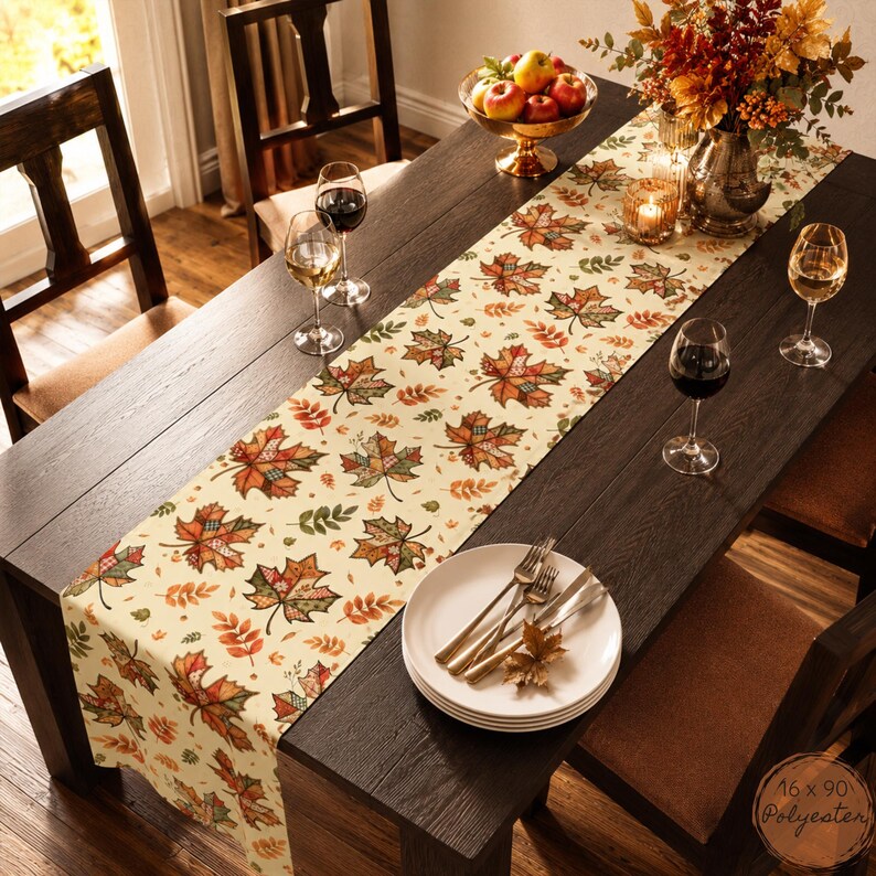 Patchwork Inspired Fall Table Runner Autumn Maple Leaves Thanksgiving Decor Farmhouse Table Runner Cottage Kitchen Decor image 3