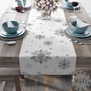 Table Runner, Shimmery Winter Wonderland snowflake Holiday Decor, Christmas Silver Blue Festive Home Cotton Poly, Winter Table Decor,