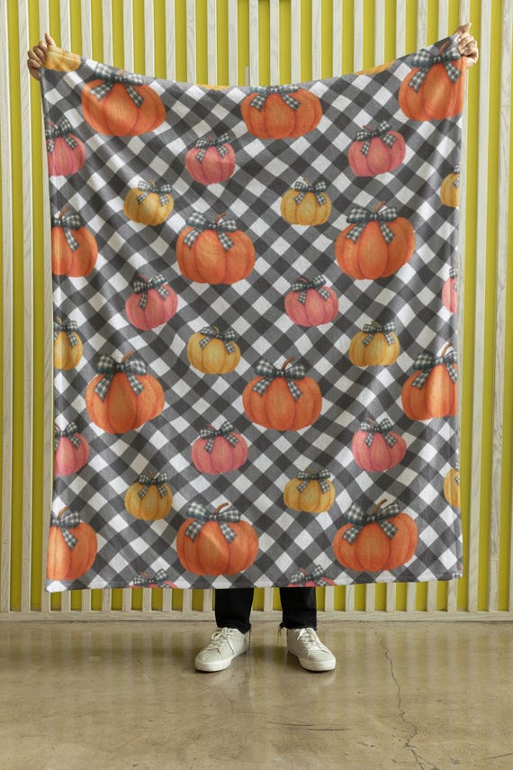 Manta de felpa con estampado de calabaza de otoño, guinga en