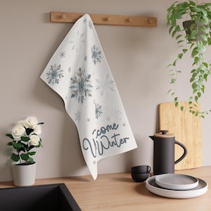 Shimmery Winter Wonderland hand towel, Snowflake Holiday kitchen towel, Winter Decor, Silver Blue tea towel, Festive kitchen decor