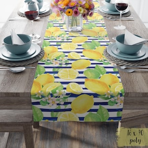 Table Runner, Lemon Summer Kitchen Decor, Blue Striped Fruit, Cotton, Poly, Dining Room Table Linens, Table Centerpiece, Housewarming Gift,