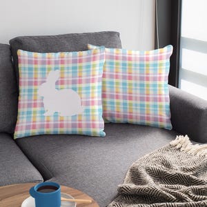 Plaid Pastel Bunny Pillow Cover Easter Home Decor Double Sided Throw Cushion Spring Bunny Rabbit Accent Pillow Cute Kids Room Decor