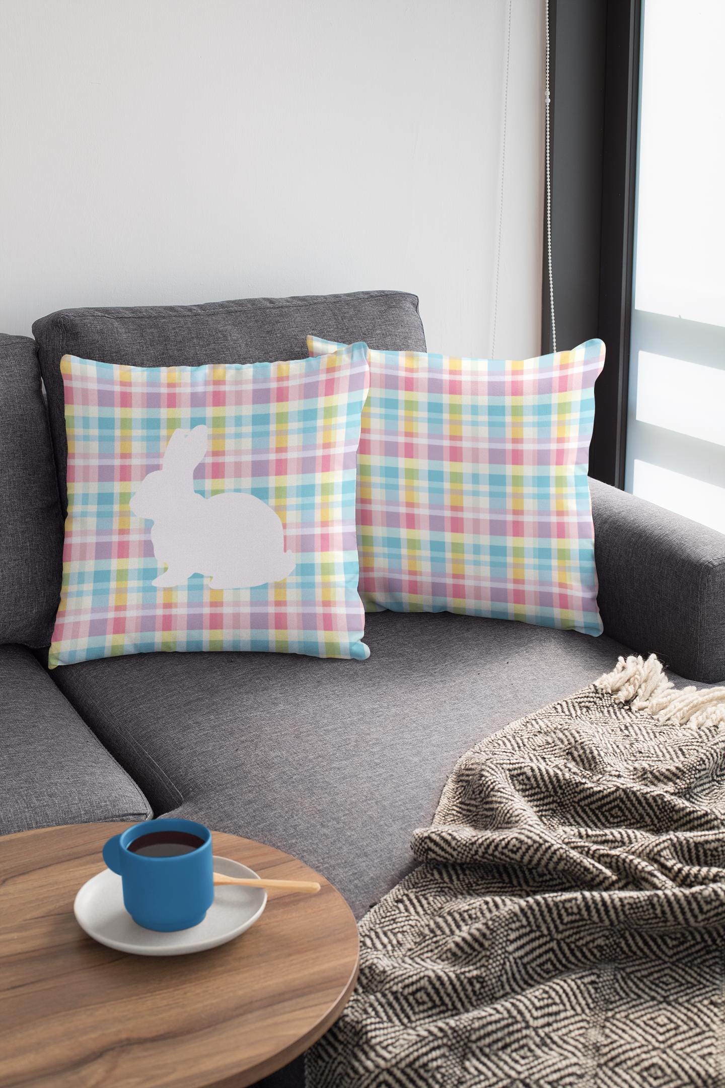 Plaid Pastel Bunny Pillow Cover Easter Home Decor Double Sided Throw ...