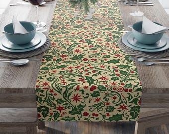 Christmas Holly Berries Table Runner, Holiday Dining Decor, Festive Cotton Linen, Kitchen Table Linens, Red Green Dining Tablecloth
