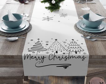 Christmas Table Runner, Polyester Holiday Decor, Modern Black White Festive Dining snowflakes Winter Wonderland, Festive Kitchen Decor,