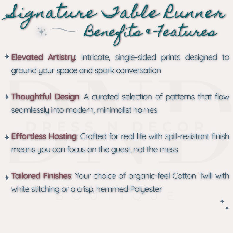 May include: An informational graphic titled Signature Table Runner Benefits & Features. It lists four points: Elevated Artistry with single-sided prints, Thoughtful Design with curated patterns, Effortless Hosting with a spill-resistant finish, and Tailored Finishes in Cotton Twill or Polyester.