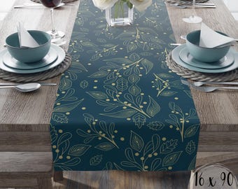 Lux Patina Blue Botanical Print Dining Table Runner Home Decor | Cotton Poly