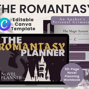 Può includere: Un modello di agenda digitale intitolato The Romantasy Planner, con uno sfondo viola scuro, una sagoma bianca di un castello e un drago. Il layout include campi di testo per un sistema magico e un design per un quaderno di 50 pagine.