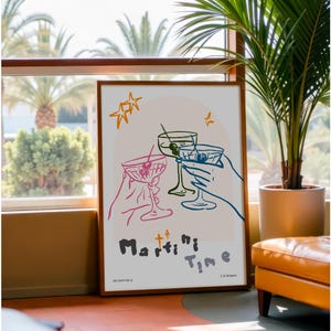 マティーニタイムウォールアート 芸術的なバーアクセサリープリント ワインラインアートポスター 美的アパートメント トレンディなダイニングルーム ハンドタイポグラフィ 印刷可能なアート
