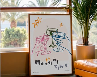 Martini Time Wall Art Artful Bar Accessories Print Wine Line Art Poster Aesthetic Apartment Trendy Dining Room Hand Typography Printable Art