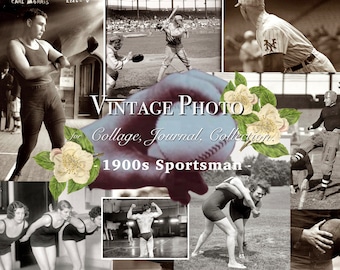 Journal vintage Photos numériques Portraits imprimables des années 1900 Sportif Kit de collage éphémères imprimables Scrapbooking Fournitures Journalisation Sport
