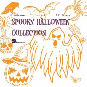 May include: A digital collection of 111 hand-drawn orange Halloween stamps for Procreate. The graphic features a crow, bat, spider, candle, skull, ghost, pumpkin with a hat, hand, and an eyeball with wings, with the text Spooky Halloween Collection.