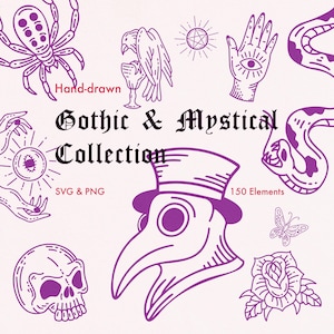 Gothic SVG Bundle, 150 Occult Clipart PNG, Mystical Tattoo Flash SVG, Witchy Whimsical Vectors, Dark Academia Art,   Hand Drawn Designs