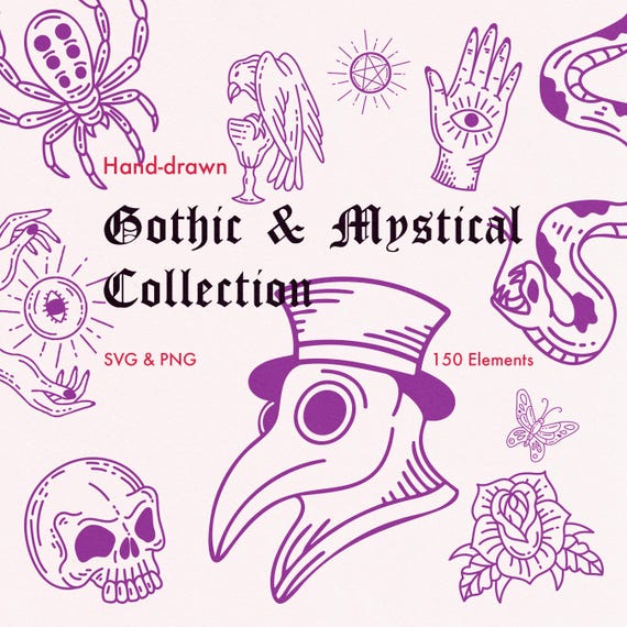 Gothic SVG Bundle, 150 Occult Clipart PNG, Mystical Tattoo Flash SVG, Witchy Whimsical Vectors, Dark Academia Art,   Hand Drawn Designs