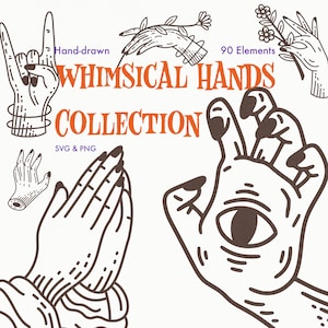 May include: A digital graphic collection featuring dark brown line art illustrations of various hand gestures, including a hand with an eye on the palm, praying hands, and hands holding flowers. The text reads Hand-drawn 90 Elements WHIMSICAL HANDS COLLECTION SVG & PNG.
