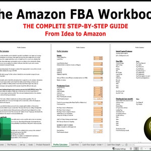 Könnte beinhalten: Ein Screenshot einer Tabellenkalkulation mit dem Titel "The Amazon FBA Workbook: The Complete Step-by-Step Guide From Idea to Amazon". Die Tabellenkalkulation enthält Abschnitte für "Profit Calculator", "Initial Capital Estimate" und "Production Costs".