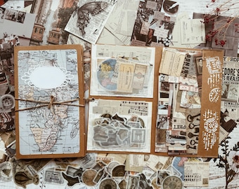 Resedagbokskit (120 st) | Reseförpackning med korta papper, kartpapper, biljetter och etiketter, Washi-klistermärken, scrapbookset, äventyrsdagbok