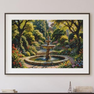Fountain cross-stitch,PDF pattern,counted cross-stitch,instant download,garden embroidery,landscape needlework,floral cross-stitch