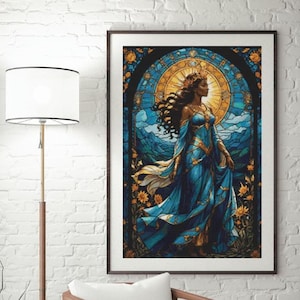 May include: A stained glass style illustration of a woman in a blue gown with a crown and halo. The background is a blue and gold stained glass design.