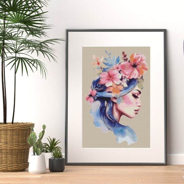 Watercolor woman cross-stitch pattern,Cross Stitch Pdf,modern cross-stitch,Artistic embroidery,Portrait needlework,Feminine needlework,